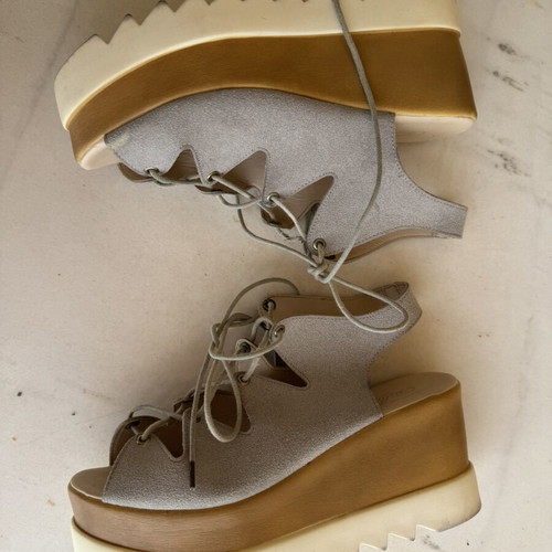 Flatform sandals lace up used, grey beige suede, size 39, 9 cm heel