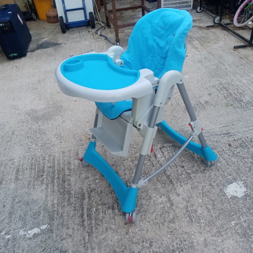 Folding Baby Highchair used, blue with wheels and brakes