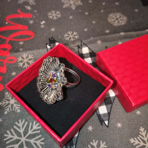 Silver handmade ring with multicolor zircon and marcasite, like new