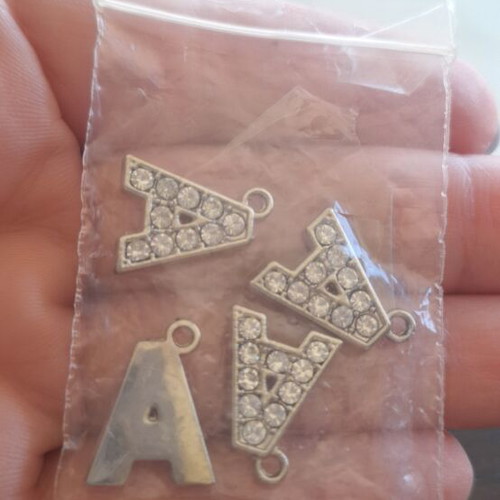 Letter A charms with rhinestones, set of 4