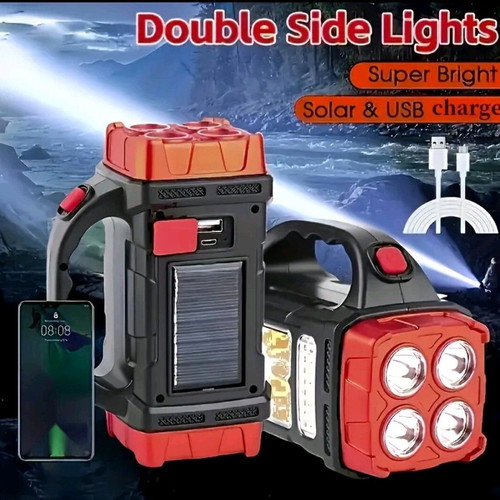 Rechargeable flashlight new with USB, 4 LED, solar charging and power bank