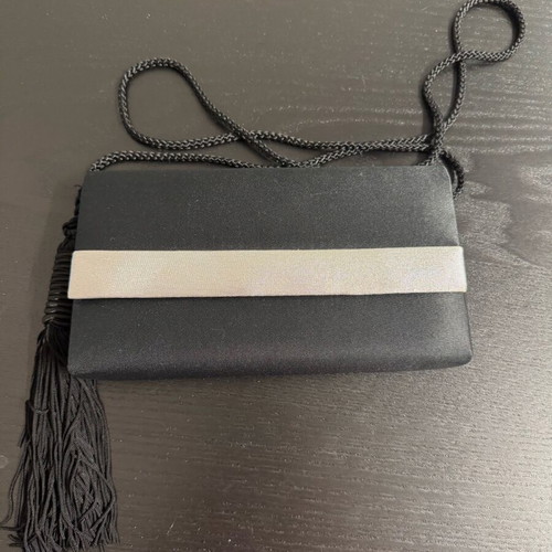 Satin evening clutch bag used, black with shoulder strap