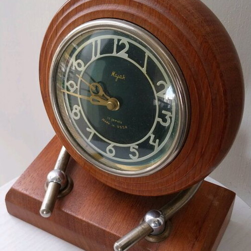 Mayak retro wind-up table clock used, wooden base