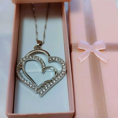 Heart necklace and earrings set with sparkling zircon, silver color, new