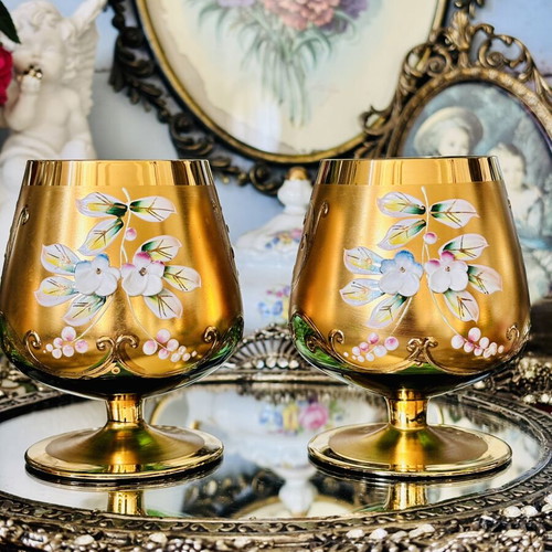 Vintage set of 6 green crystal glasses with gold decoration