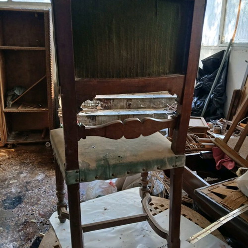 Living room chair used with worn fabric and minor wood damage