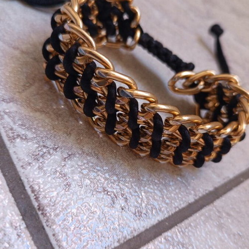 Adjustable gold-tone bracelet with black braid new