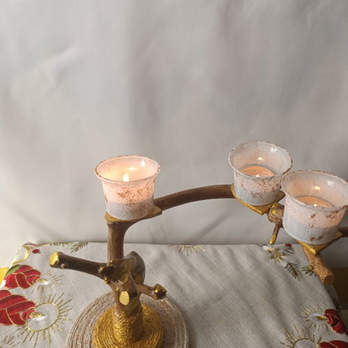 Driftwood Candle Holder with 3 Frosted Glass Tea Light Cups, New