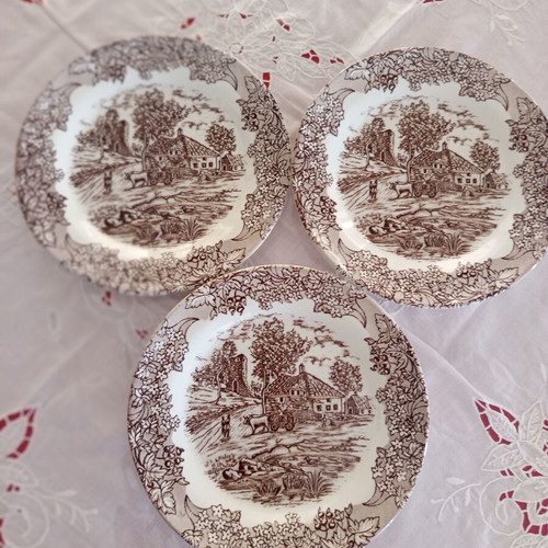 Arnik vintage plate set of 3 with pastoral scene, like new