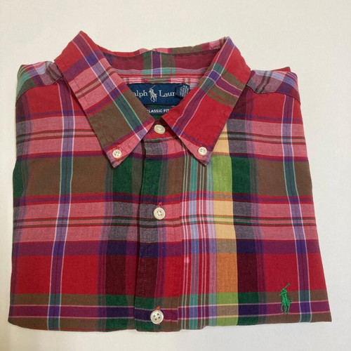 Ralph Lauren Oxford short sleeve shirt XL, red green blocked, dark green pony