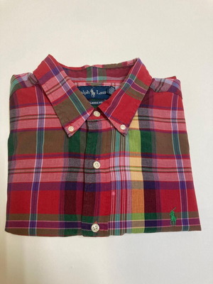 Ralph Lauren Oxford short sleeve shirt XL, red green blocked, dark green pony