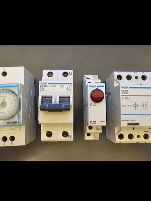 HAGER set of 4 used with rail timer, contactor, indicator light, double-pole fuse