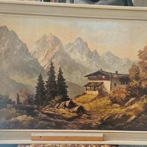 Signed canvas painting used, alpine landscape 80x60cm