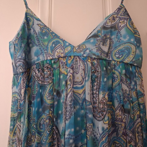 Charly silk evening dress like new, blue paisley with beads