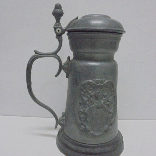 Old zinc beer stein with lid, vintage collectible