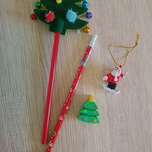 Christmas items new, set with pencils, eraser and ornament