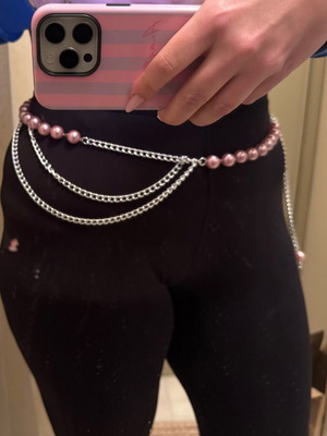 Chain belt with pink pearls adjustable, like new, silver color