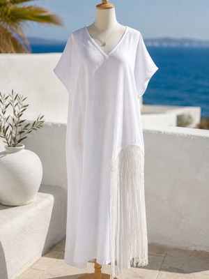 Zara Λευκό 100% Λινό Καφτάνι Beach Cover-Up Μέγεθος L