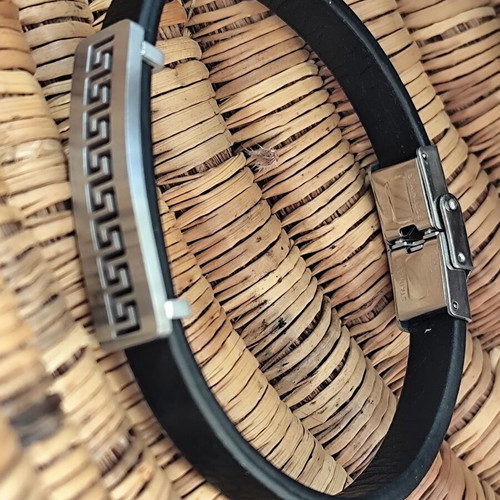 Men's leather bracelet with stainless steel meander new with tags
