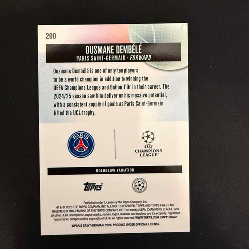 Ousmane Dembele Topps Finest UEFA Hologlow Variation 2025-26 new