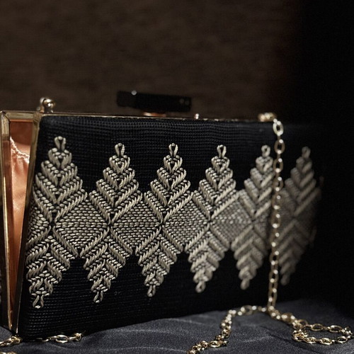Handmade clutch bag with removable gold chain, black and beige