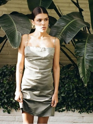 Zara khaki dress with open back, satin texture, XS