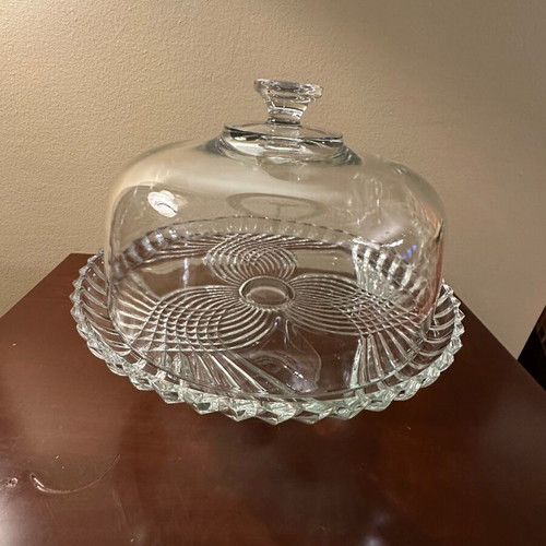 Glass cake stand with lid like new, 30cm diameter