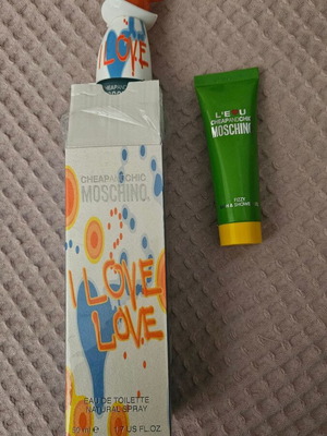 I Love Love Moschino 50ml empty bottle with box and empty Fizzy Bath & Shower Gel tube 50ml used