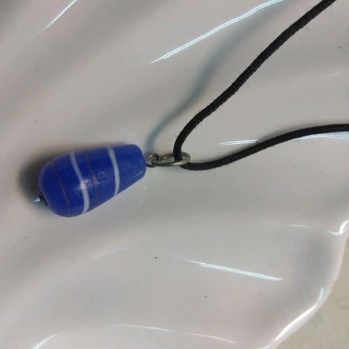 Handmade glass pendant blue bead 2.5cm teardrop shape with white stripe like new