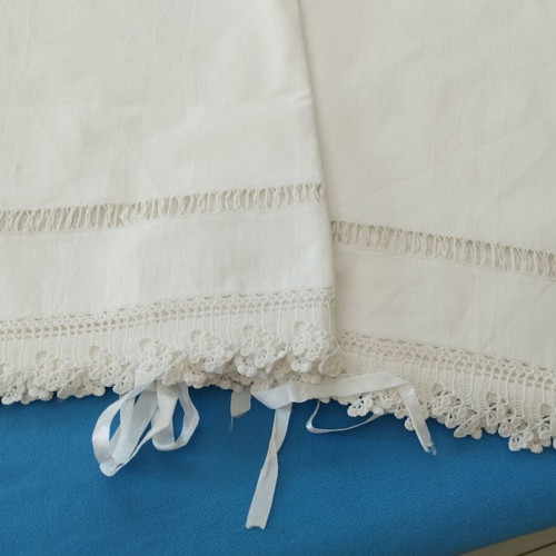 Pair of Handmade Bridal Pillowcases with Crochet Lace and Azur Motif