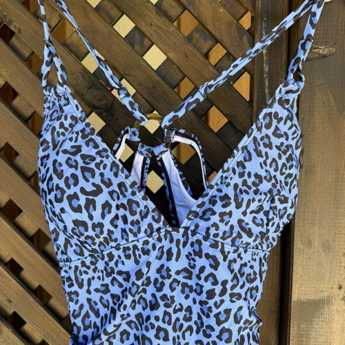 Leopard Print Swimsuit blue, new with removable cups, brazilian cut
