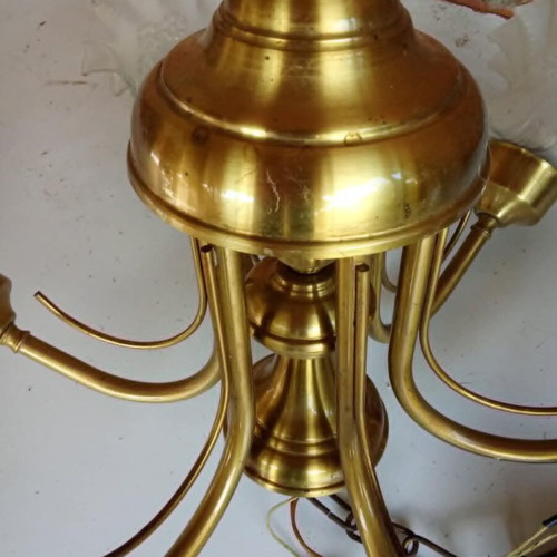 Brass 6-Light Vintage Ceiling Lamp used, 1970s with opaline shades