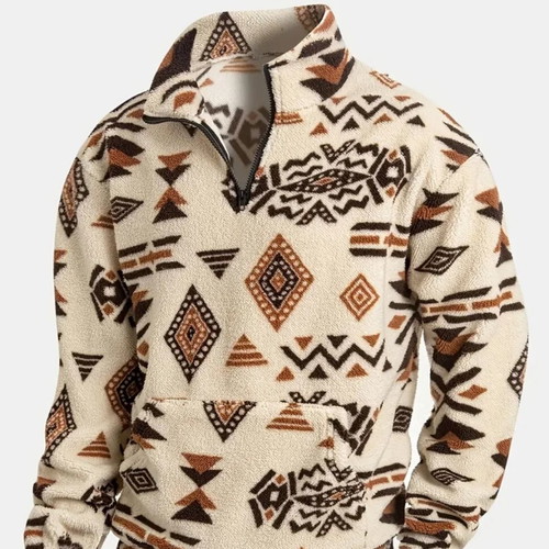 Fleece sweatshirt with half zipper ethnic style new, size L