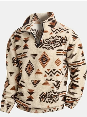 Fleece sweatshirt with half zipper ethnic style new, size L
