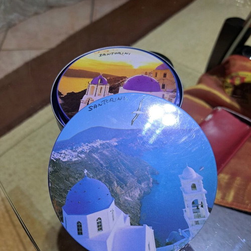 Santorini metal coasters new, set of 6 with cork