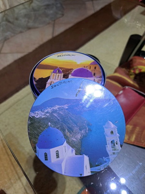 Santorini metal coasters new, set of 6 with cork