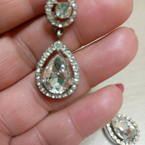 Earrings with rhinestones teardrop shape like new, silver