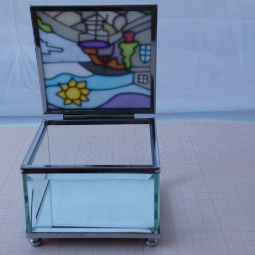 Jewelry box with painted lid, metal and glass