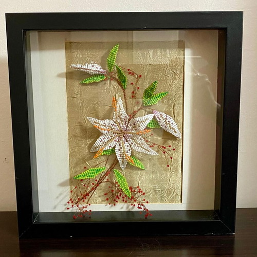 3D Beaded Artwork White Lily Handmade in IKEA Ribba Frame like new