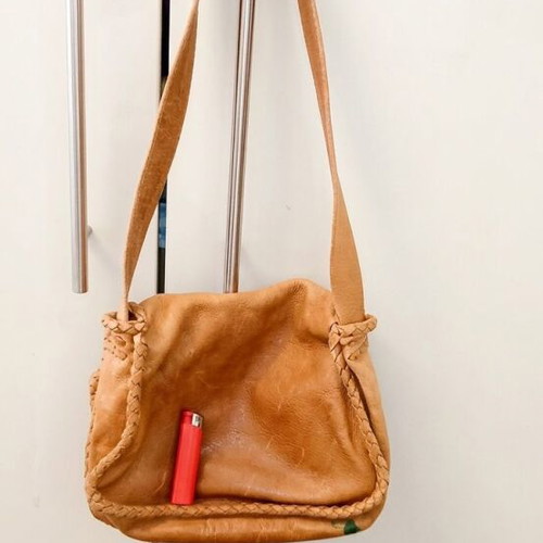 Leather shoulder bag handmade, used, brown with small green marks