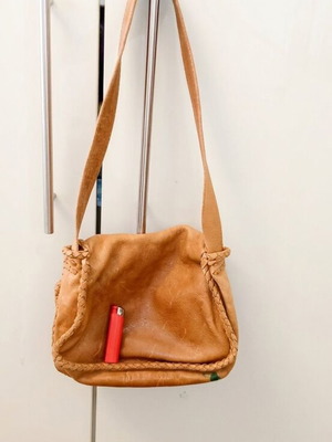 Leather shoulder bag handmade, used, brown with small green marks
