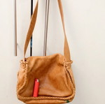Leather shoulder bag handmade, used, brown with small green marks