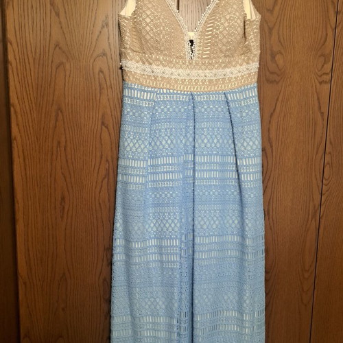 Maxi evening dress, plus size, beige and blue