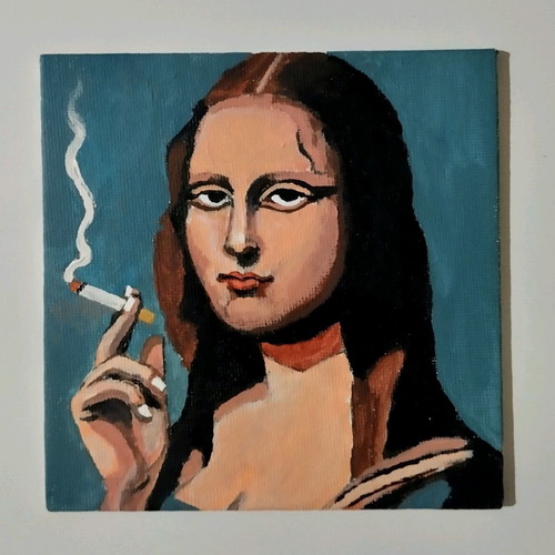 Mona Lisa smoking canvas painting new, acrylic 13×13 cm