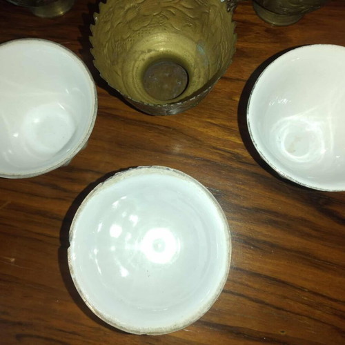 Vintage brass cups with porcelain used, set of 6 pieces