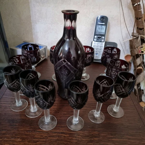 Set of ruby cut crystal decanter and glasses vintage, new