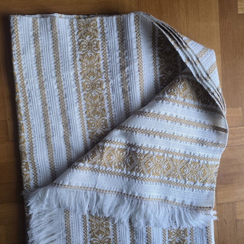 Vintage woven quilt used, shades of beige and gold