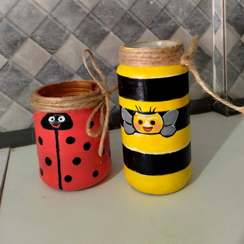 Glass vases with handmade bee and ladybug painting, new