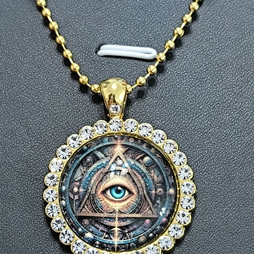 All Seeing Eye Necklace gold color with rhinestones, new