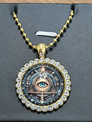 All Seeing Eye Necklace gold color with rhinestones, new